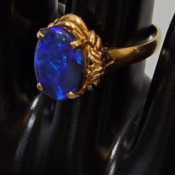 Cosmic Australian Black Opal Blue Ring 18K Gold Lightning Ridge Vintage 7 7/8 - Picture 3 of 13